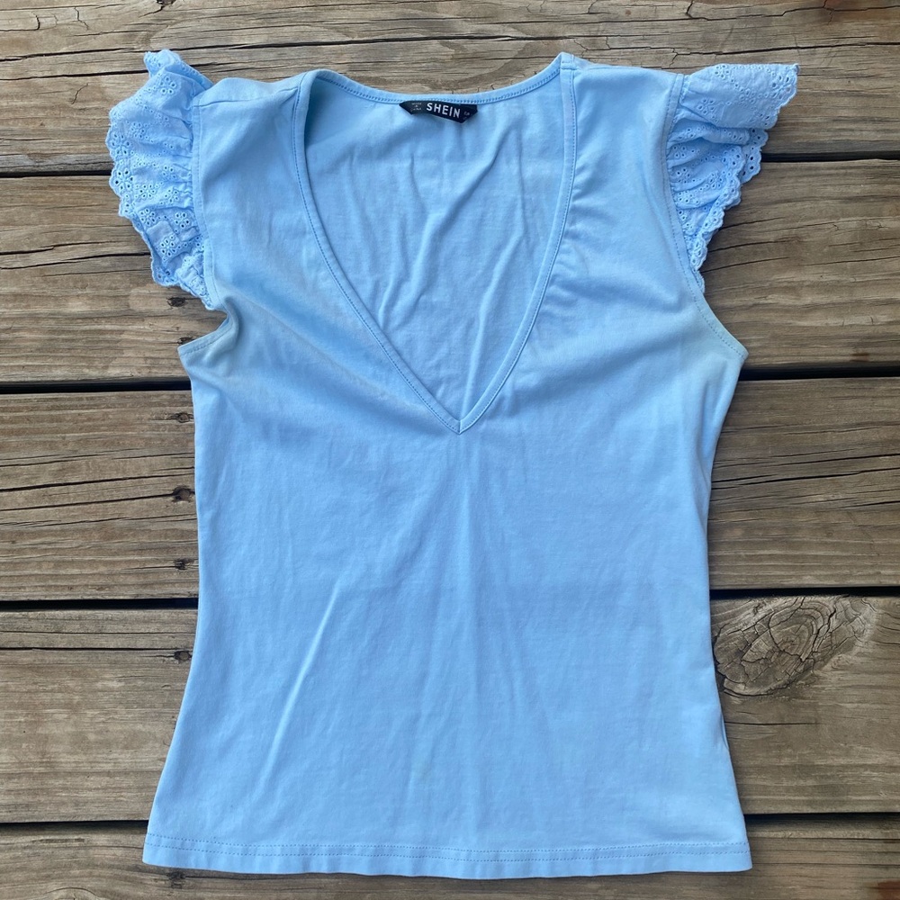 SHEIN Light Blue Lace Sleeve Top